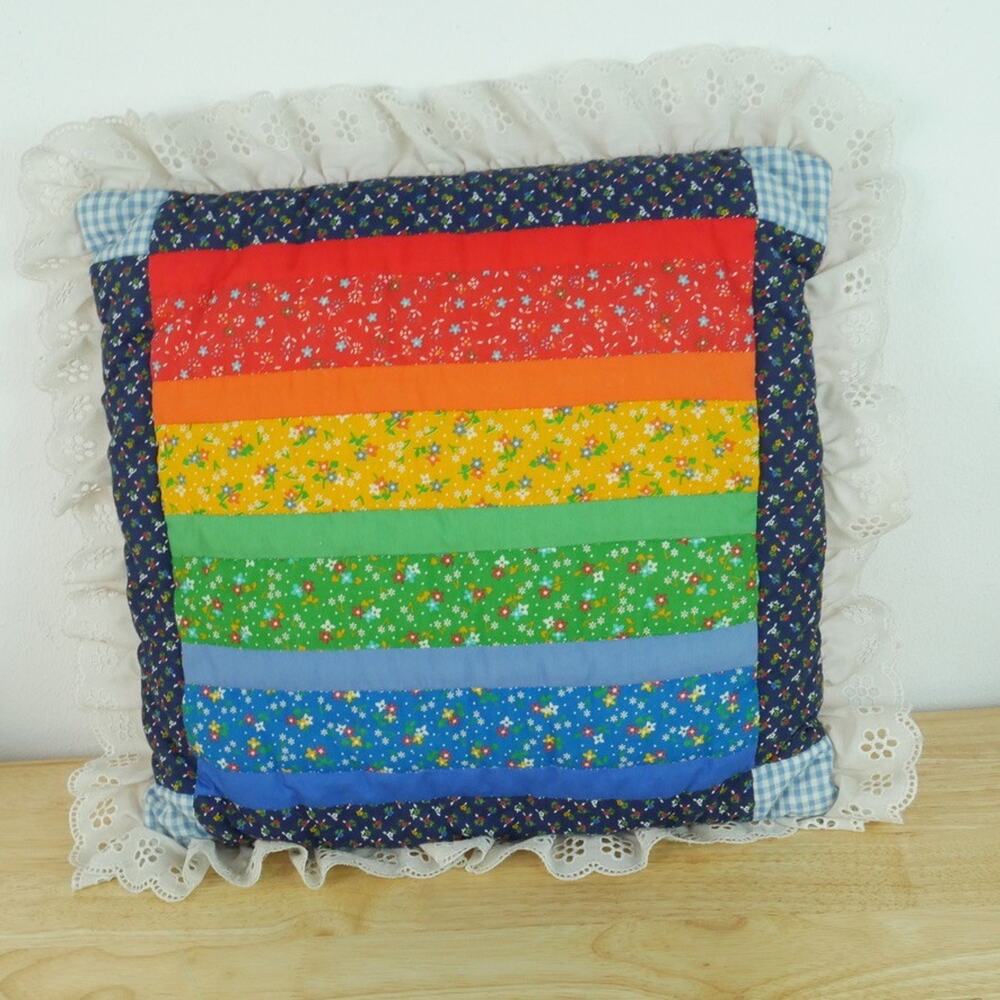 Vintage Patchwork Rainbow Throw Pillow Eyelet Ruffle Pride Kitschy Cottagecore - Picture 5 of 7